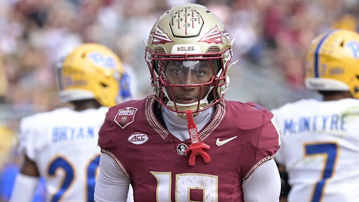 Oct 11, 2025; Tallahassee, Florida, USA; Florida State Seminoles wide receiver Micahi Danzy (19) after scoring a touchdown against the Pittsburgh Panthers in the fourth quarter at Doak S. Campbell Stadium. Mandatory Credit: Melina Myers-Imagn Images Oct 11, 2025; Tallahassee, Florida, USA; Florida State Seminoles wide receiver Micahi Danzy (19) after scoring a touchdown against the Pittsburgh Panthers in the fourth quarter at Doak S. Campbell Stadium. Mandatory Credit: Melina Myers-Imagn Images