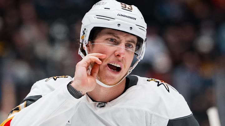 Apr 7, 2026; Vancouver, British Columbia, CAN; Vegas Golden Knights forward Mitch Marner (93) during a stop in play against the Vancouver Canucks in the third period at Rogers Arena. Mandatory Credit: Bob Frid-Imagn Images