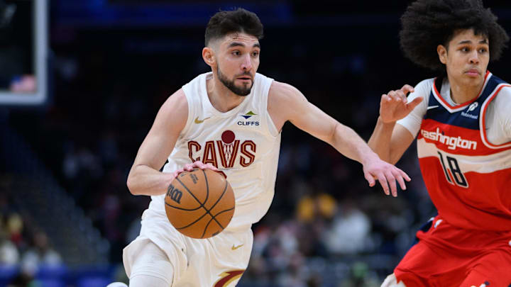 Feb 7, 2025; Washington, District of Columbia, USA; Cleveland Cavaliers guard Ty Jerome (2) drives to the basket against Washington Wizards forward Kyshawn George (18) during the third quarter at Capital One Arena. Mandatory Credit: Reggie Hildred-Imagn Images