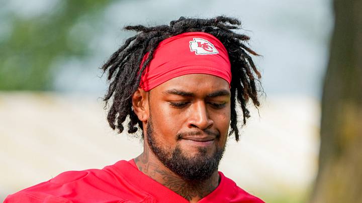 Jul 29, 2026; St. Joseph, MO, USA; Kansas City Chiefs   offensive tackle Josh Simmons (71) walks down the hill to the practice fields during training camp at Missouri Western State University. Mandatory Credit: Denny Medley-Imagn Images
