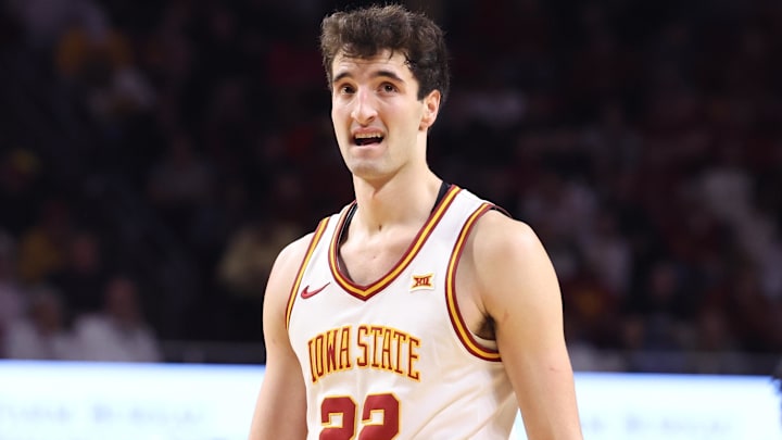 Feb 28, 2026; Ames, Iowa, USA; Iowa State Cyclones forward Milan Momcilovic (22) watches the time tick down in their loss to the Texas Tech Red Raiders during the second half at James H. Hilton Coliseum.