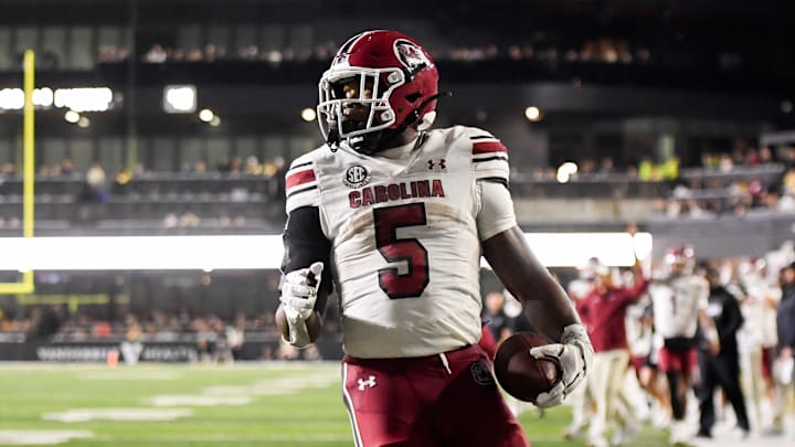 Nov 9, 2024; Nashville, Tennessee, USA;  South Carolina Gamecocks running back Raheim Sanders (5) scores a touchdown against the Vanderbilt Commodores during the second half at FirstBank Stadium. Mandatory Credit: Steve Roberts-Imagn Images