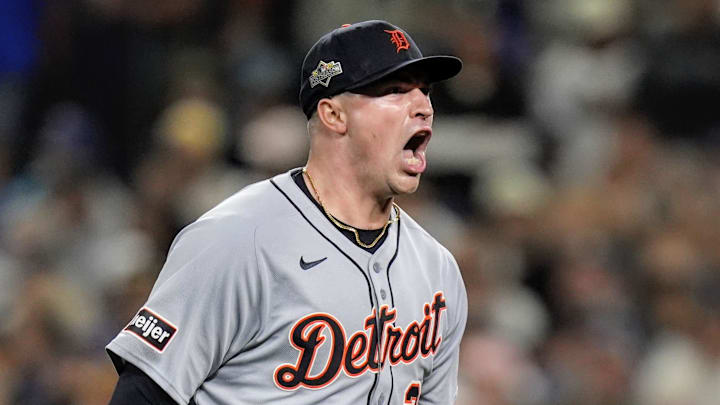 Tigers pitcher Tarik Skubal celebrates striking out Mariners catcher Cal Raleigh I the sixth inning of ALDS Game 5 at T-Mobile Park in Seattle on Friday, Oct. 10, 2025