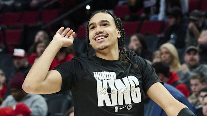 Jan 19, 2025; Portland, Oregon, USA; Portland Trail Blazers guard Dalano Banton (5) smiles during warm ups before a game against the Chicago Bulls at Moda Center. Mandatory Credit: Troy Wayrynen-Imagn Images