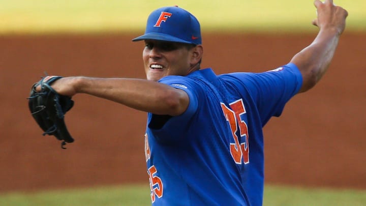Florida pitcher Franco Aleman (35) delivers the ball to the plate against Alabama during the SEC Tournament Thursday, May 27, 2021, in the Hoover Met in Hoover, Alabama. [Staff Photo/Gary Cosby Jr.]

Sec Tournament Alabama Vs Florida