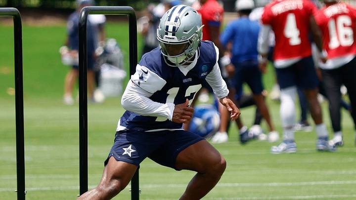 Dallas Cowboys safety Caleb Downs goes through a drill during practice at the Ford Center at the Star Training Facility. Dallas Cowboys safety Caleb Downs goes through a drill during practice at the Ford Center at the Star Training Facility.