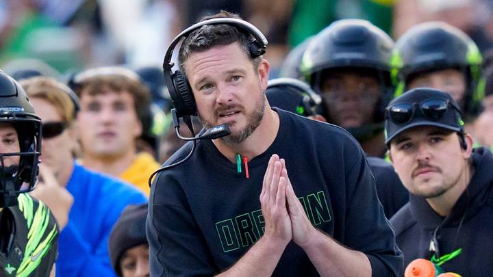 Oregon head coach Dan Lanning watches his final kickoff bounce down the sideline as the Oregon Ducks host the UCLA Bruins on Oct. 10, 2026, at Autzen Stadium in Eugene, Oregon. Oregon head coach Dan Lanning watches his final kickoff bounce down the sideline as the Oregon Ducks host the UCLA Bruins on Oct. 10, 2026, at Autzen Stadium in Eugene, Oregon.