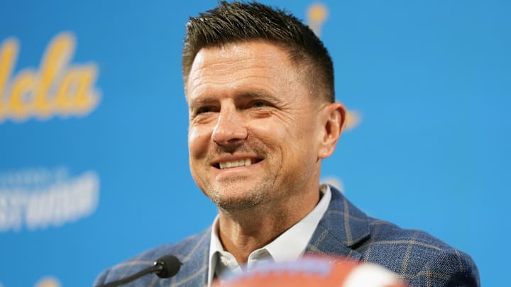 Dec 9, 2025; Los Angeles, CA, USA; Bob Chesney is introduced as UCLA Bruins football coach at press conference at Renee Luskin Conference Center Centennial Ballroom. Mandatory Credit: Kirby Lee-Imagn Images Dec 9, 2025; Los Angeles, CA, USA; Bob Chesney is introduced as UCLA Bruins football coach at press conference at Renee Luskin Conference Center Centennial Ballroom. Mandatory Credit: Kirby Lee-Imagn Images