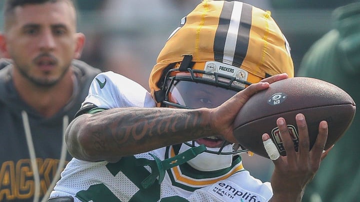Green Bay Packers receiver Matthew Golden catches a pass during practice at training camp.