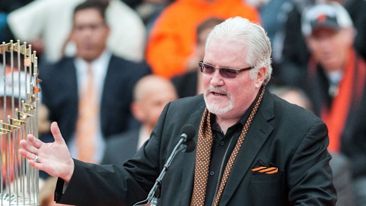 Oct 31, 2014; San Francisco, CA, USA; San Francisco Giants general manager Brian Sabean speaks to the crowd during the World Series celebration at City Hall. The San Francisco Giants defeated the Kansas City Royals in game seven of the World Series. Mandatory Credit: Ed Szczepanski-Imagn Images