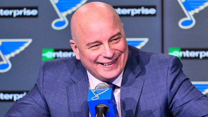 Apr 5, 2025; St. Louis, Missouri, USA; St. Louis Blues head coach Jim Montgomery talks with the media after the Blues won their franchise record 12th straight win with a victory over the Colorado Avalanche at Enterprise Center. Mandatory Credit: Jeff Curry-Imagn Images Apr 5, 2025; St. Louis, Missouri, USA; St. Louis Blues head coach Jim Montgomery talks with the media after the Blues won their franchise record 12th straight win with a victory over the Colorado Avalanche at Enterprise Center. Mandatory Credit: Jeff Curry-Imagn Images