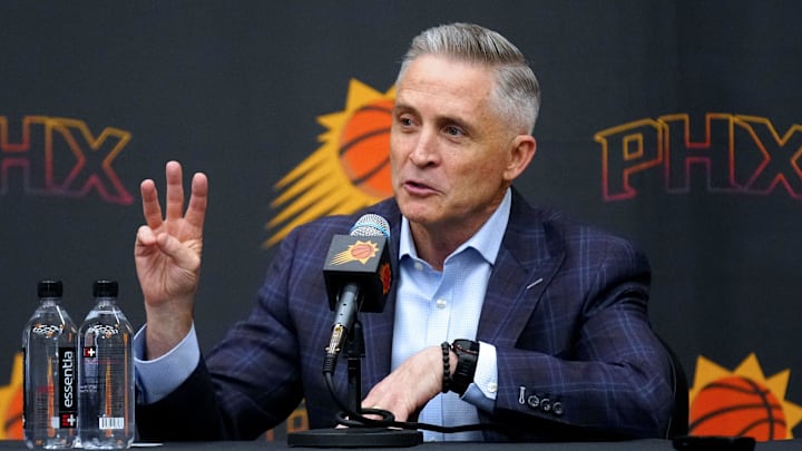 Suns general manager Brian Gregory speaks during his introductory news conference on May 6, 2025, in Phoenix.