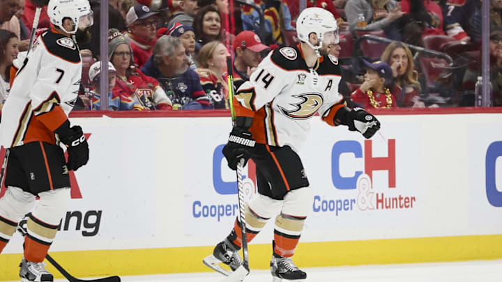 Jan 15, 2024; Sunrise, Florida, USA; Anaheim Ducks center Adam Henrique (14) celebrates after