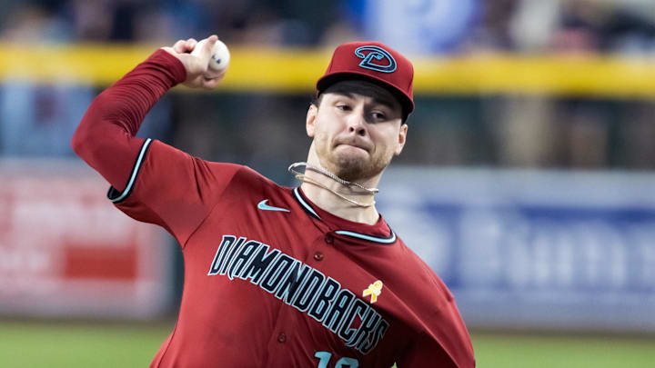 Sep 7, 2025; Phoenix, Arizona, USA; Arizona Diamondbacks pitcher Ryne Nelson against the Boston Red Sox at Chase Field. Mandatory Credit: Mark J. Rebilas-Imagn Images
