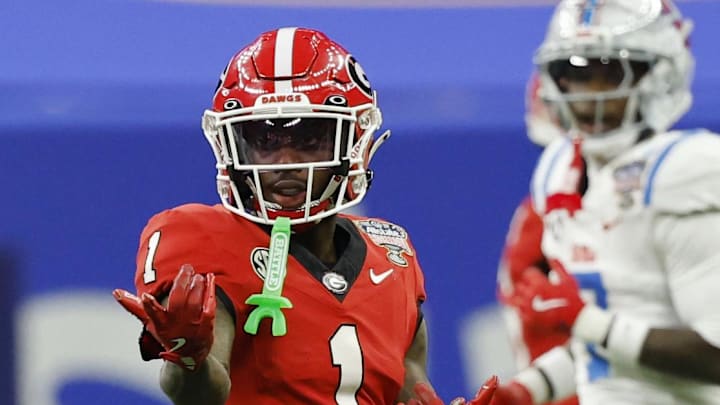 Jan 1, 2026; New Orleans, LA, USA; Georgia Bulldogs wide receiver Zachariah Branch (1) gestures after a first down against the Mississippi Rebels during the 2026 Sugar Bowl and quarterfinal game of the College Football Playoff at Caesars Superdome. Mandatory Credit: Geoff Burke-Imagn Images