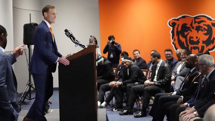 Ben Johnson meets media at Halas Hall for his first press conference as Bears coach.