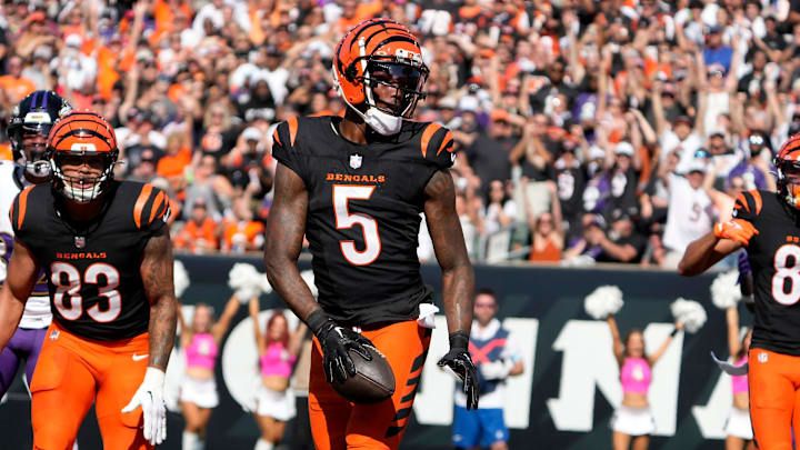 Cincinnati Bengals wide receiver Tee Higgins (5) makes a touchdown over the Baltimore Ravens in the 3rd quarter Sunday October 6, 2024 at Payor Stadium. The Bengals lost 41-38 in overtime.