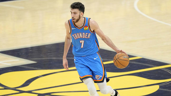 Jun 13, 2025; Indianapolis, Indiana, USA; Oklahoma City Thunder forward Chet Holmgren (7) dribbles the ball against the Indiana Pacers during the first half during game four of the 2025 NBA Finals at Gainbridge Fieldhouse. Mandatory Credit: Kyle Terada-Imagn Images