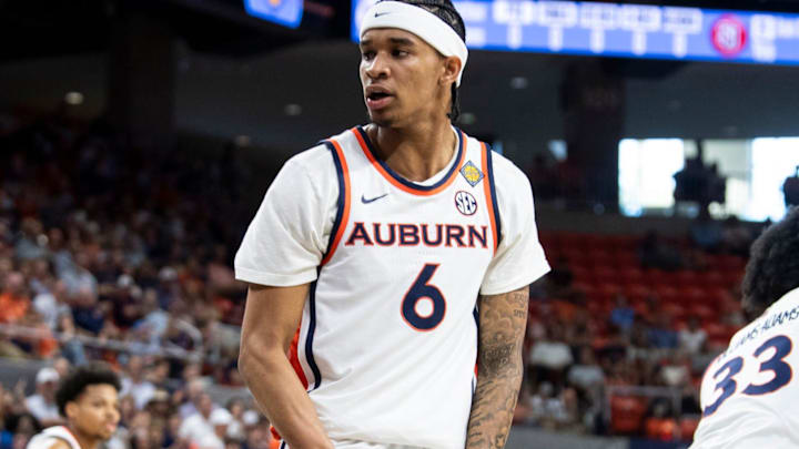 Auburn Tigers guard Elyjah Freeman celebrates his block as Auburn Tigers take on Seattle Redhawks during the second round of the National Invitation Tournament at Neville Arena in Auburn, Ala. on Sunday, March 22, 2026.