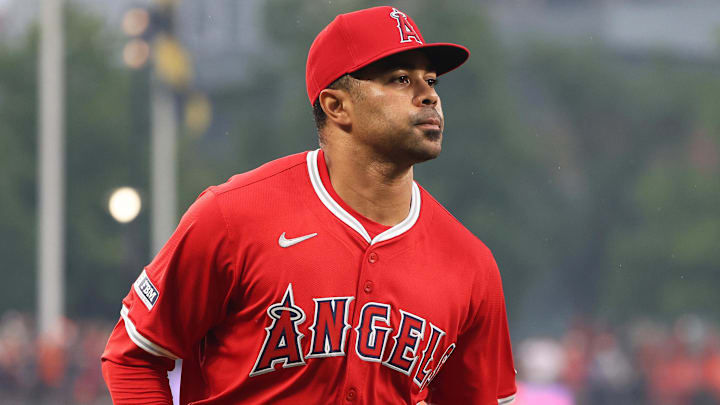 Jun 13, 2025; Baltimore, Maryland, USA; Los Angeles Angels first baseman LaMonte Wade Jr. (35) runs off of the field before a game against the Baltimore Orioles at Oriole Park at Camden Yards. Mandatory Credit: Daniel Kucin Jr.-Imagn Images