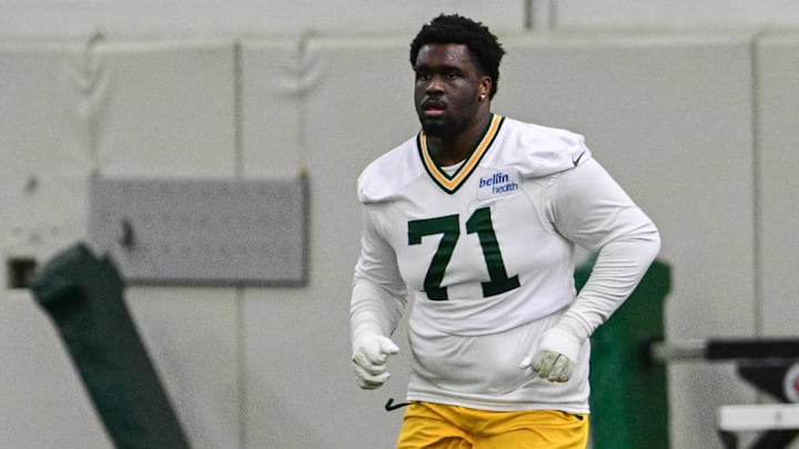 Green Bay Packers offensive tackle Anthony Belton (71) participates in the team's minicamp.