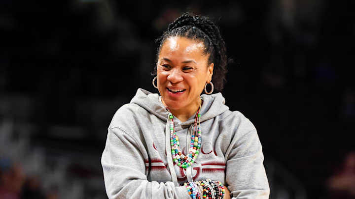 Nov 23, 2025; Columbia, South Carolina, USA; South Carolina Gamecocks head coach Dawn Staley directs her team against the Queens Royals in the second half at Colonial Life Arena. Mandatory Credit: Jeff Blake-Imagn Images