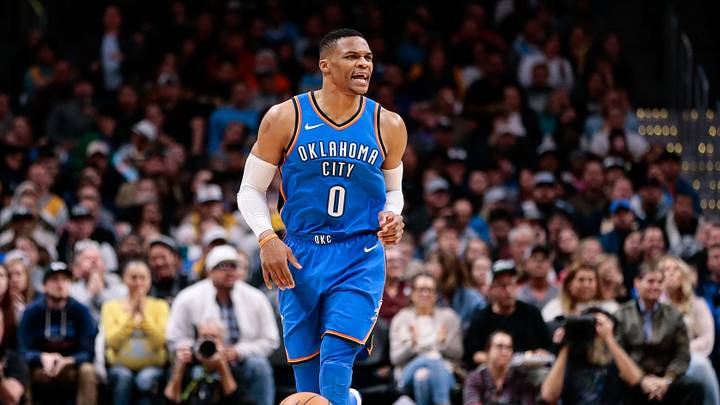 Nov 9, 2017; Denver, CO, USA; Oklahoma City Thunder guard Russell Westbrook (0) controls the ball in the fourth quarter against the Denver Nuggets at the Pepsi Center. Mandatory Credit: Isaiah J. Downing-USA TODAY Sports Nov 9, 2017; Denver, CO, USA; Oklahoma City Thunder guard Russell Westbrook (0) controls the ball in the fourth quarter against the Denver Nuggets at the Pepsi Center. Mandatory Credit: Isaiah J. Downing-USA TODAY Sports