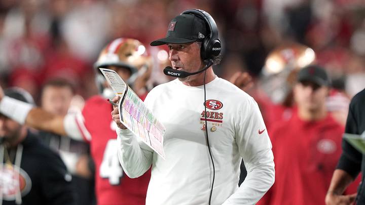 Oct 19, 2025; Santa Clara, California, USA; San Francisco 49ers head coach Kyle Shanahan during the fourth quarter against the Atlanta Falcons at Levi's Stadium. Mandatory Credit: Darren Yamashita-Imagn Images