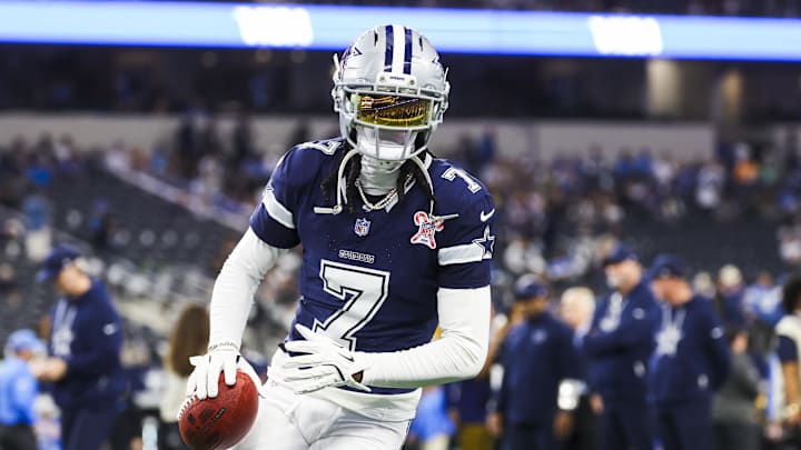 Dallas Cowboys cornerback Trevon Diggs participates in pregame warmups against the Los Angeles Chargers at AT&T Stadium. 