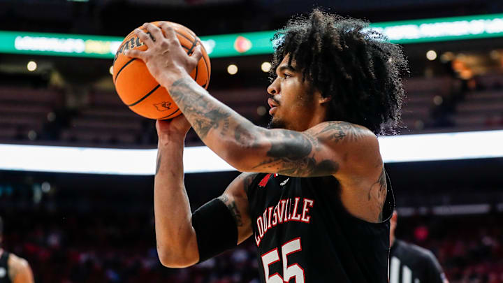 Louisville Cardinals guard Skyy Clark (55) takes a three-point shot against Bellarmine on Nov. 29,