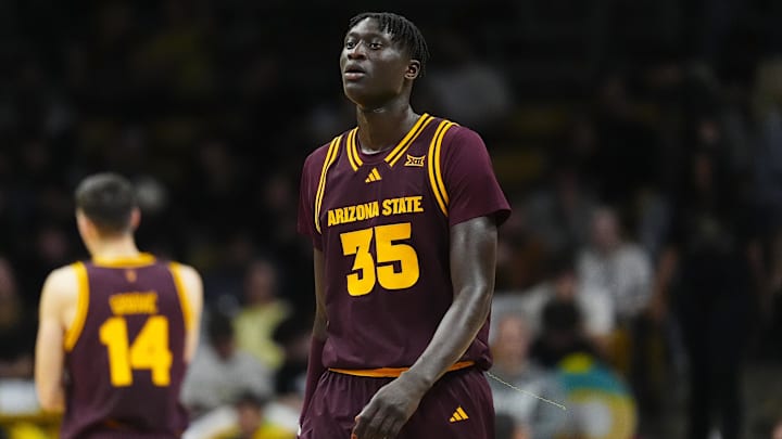 Feb 7, 2026; Boulder, Colorado, USA; Arizona State Sun Devils center Massamba Diop (35) during the first half against the Colorado Buffaloes at the CU Events Center. Mandatory Credit: Ron Chenoy-Imagn Images