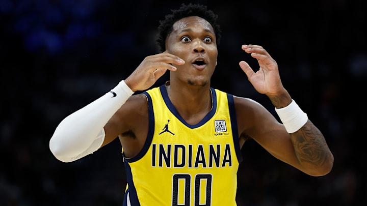 Indiana Pacers wing Bennedict Mathurin (00) during a playoff game against the Milwaukee Bucks.