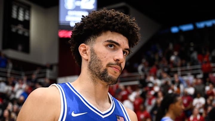 Jan 17, 2026; Stanford, California, USA; Duke Blue Devils forward Cameron Boozer (12) looks on after the game against the Stanford Cardinal at Maples Pavilion. Mandatory Credit: Eakin Howard-Imagn Images