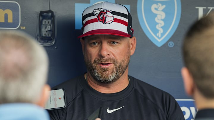 Mar 27, 2025; Kansas City, Missouri, USA; Cleveland Guardians manager Stephen Vogt (12) talks to reporters prior to a game against the Kansas City Royals at Kauffman Stadium. Mandatory Credit: Jay Biggerstaff-Imagn Images Mar 27, 2025; Kansas City, Missouri, USA; Cleveland Guardians manager Stephen Vogt (12) talks to reporters prior to a game against the Kansas City Royals at Kauffman Stadium. Mandatory Credit: Jay Biggerstaff-Imagn Images