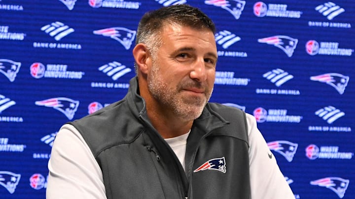 May 9, 2025; Foxborough, MA, USA;  New England Patriots head coach Mike Vrabel speaks the to media during a press conference at Gillette Stadium. Mandatory Credit: Eric Canha-Imagn Images