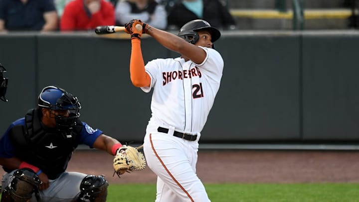 Shorebirds' Samuel Basallo (21) swings in the game against the Cannon Ballers Tuesday, April 11, 2023, at Perdue Stadium in Salisbury, Maryland. 