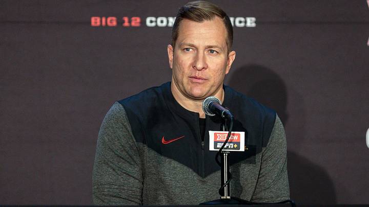 Oct 19, 2022; Kansas City, Missouri, US; Iowa State Cyclones coach TJ Otzelberger is interviewed during the mens Big 12 Basketball Tipoff media day at T-Mobile Center.