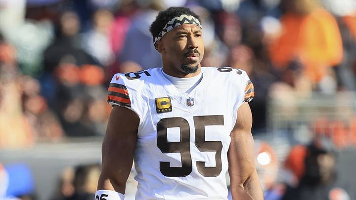 Jan 4, 2026; Cincinnati, Ohio, USA; Cleveland Browns defensive end Myles Garrett (95) walks on the field during the first half against the Cincinnati Bengals at Paycor Stadium. Mandatory Credit: Katie Stratman-Imagn Images