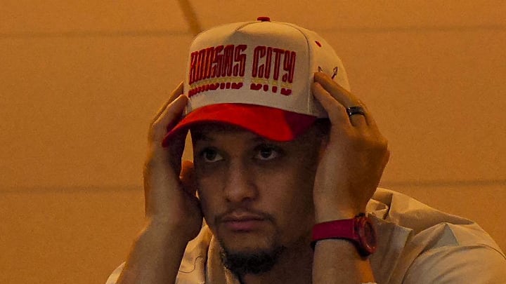 Dec 25, 2025; Kansas City, Missouri, USA; Patrick Mahomes watches the action from a suite during the third quarter at GEHA Field at Arrowhead Stadium. Mandatory Credit: Jay Biggerstaff-Imagn Images