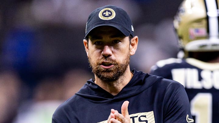 Sep 8, 2024; New Orleans, Louisiana, USA; New Orleans Saints offensive coordinator Klint Kubiak reacts against the Carolina Panthers during the pregame at Caesars Superdome. Mandatory Credit: Stephen Lew-Imagn Images Sep 8, 2024; New Orleans, Louisiana, USA; New Orleans Saints offensive coordinator Klint Kubiak reacts against the Carolina Panthers during the pregame at Caesars Superdome. Mandatory Credit: Stephen Lew-Imagn Images