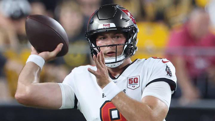 Aug 16, 2025; Pittsburgh, Pennsylvania, USA;  Tampa Bay Buccaneers quarterback Connor Bazelak (8) passes the ball against the Pittsburgh Steelers during the fourth quarter  at Acrisure Stadium. Mandatory Credit: Charles LeClaire-Imagn Images
