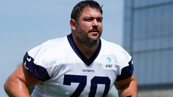 Jun 5, 2024; Frisco, TX, USA;  Dallas Cowboys tackle Zack Martin (70) warms up during practice at the Ford Center at the Star Training Facility in Frisco, Texas. 