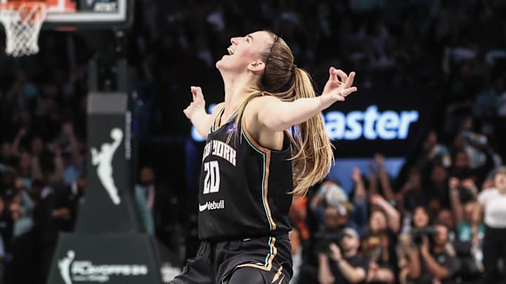 Sep 24, 2024; Brooklyn, New York, USA; New York Liberty guard Sabrina Ionescu (20) celebrates during game two of the first round of the 2024 WNBA Playoffs against the Atlanta Dream at Barclays Center. Mandatory Credit: Wendell Cruz-Imagn Images