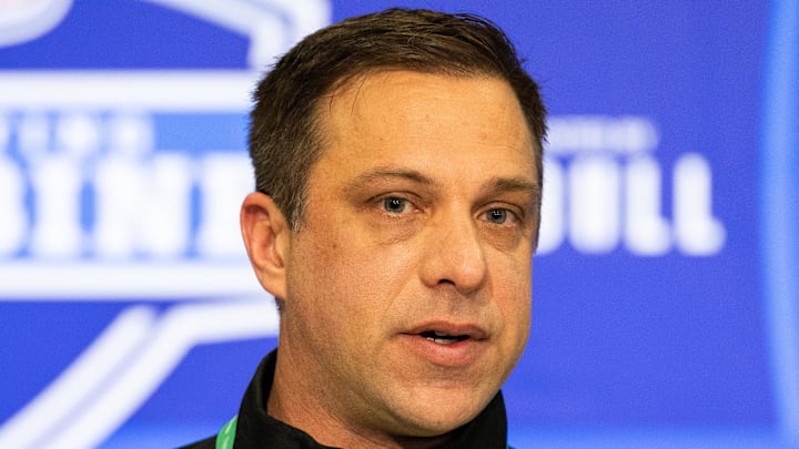 Feb 27, 2024; Indianapolis, IN, USA; Kansas City Chiefs General Manager Brett Veach talks to the media at the 2024 NFL Combine at Indiana Convention Center. Mandatory Credit: Trevor Ruszkowski-Imagn Images