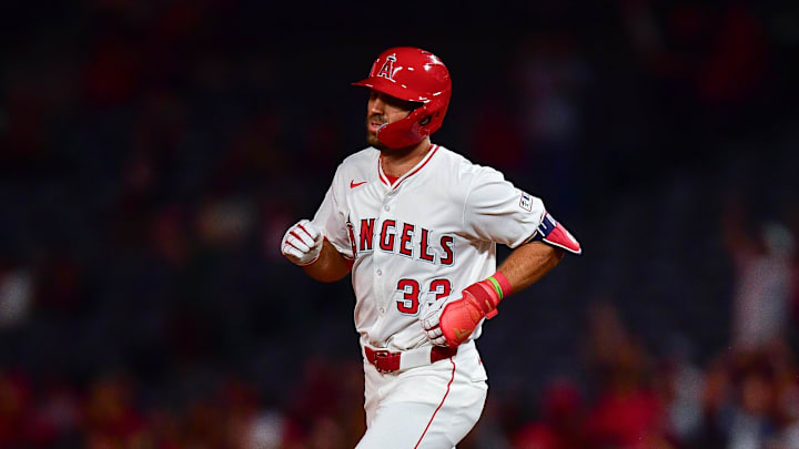 Sep 9, 2025; Anaheim, California, USA; Los Angeles Angels right fielder Chris Taylor (33) runs the bases after hitting a three run home run against the Minnesota Twins during the sixth inning at Angel Stadium. Mandatory Credit: Gary A. Vasquez-Imagn Images