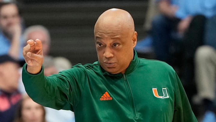 Mar 1, 2025; Chapel Hill, North Carolina, USA;  Miami (Fl) Hurricanes head coach Bill Courtney reacts in the first half at Dean E. Smith Center. Mandatory Credit: Bob Donnan-Imagn Images