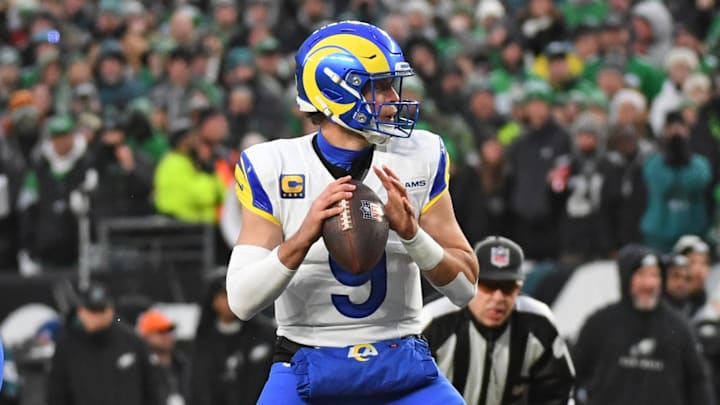 Jan 19, 2025; Philadelphia, Pennsylvania, USA; Los Angeles Rams quarterback Matthew Stafford (9) looks for a receiver against the Philadelphia Eagles in a 2025 NFC divisional round game at Lincoln Financial Field. Mandatory Credit: Eric Hartline-Imagn Images Jan 19, 2025; Philadelphia, Pennsylvania, USA; Los Angeles Rams quarterback Matthew Stafford (9) looks for a receiver against the Philadelphia Eagles in a 2025 NFC divisional round game at Lincoln Financial Field. Mandatory Credit: Eric Hartline-Imagn Images