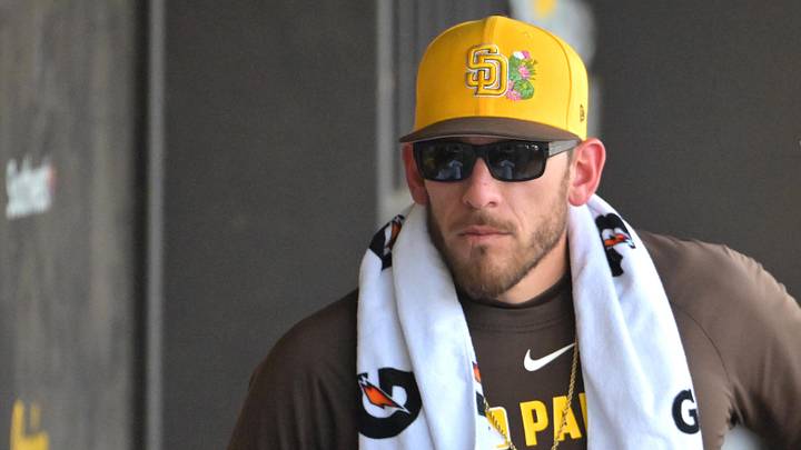 Feb 23, 2026; Peoria, Arizona, USA;  San Diego Padres pitcher Joe Musgrove (44) in the dugout during the game against the Milwaukee Brewers at Peoria Sports Complex. Mandatory Credit: Jayne Kamin-Oncea-Imagn Images