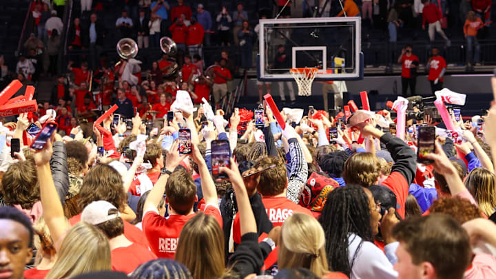Ole Miss Rebels fans storm the court after winning the game against the Tennessee Volunteers at The SJB Pavilion at Ole Miss in Oxford, Miss.