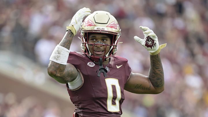 Aug 30, 2025; Tallahassee, Florida, USA; Florida State Seminoles defensive back Earl Little Jr. (0) reacts after a play against the Alabama Crimson Tide during the second half at Doak S. Campbell Stadium. Mandatory Credit: Melina Myers-Imagn Images